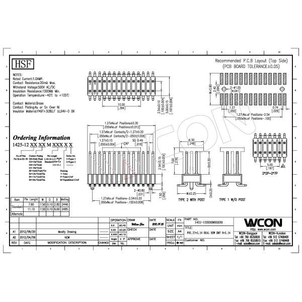 Fireproof 1.27mm * 2.54 Mm Pitch Header / PCB Board Male Pin Headers