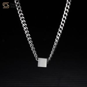 Hip Hop Titanium Steel Clavicle Cuban Chain Necklace Square Block Pendant