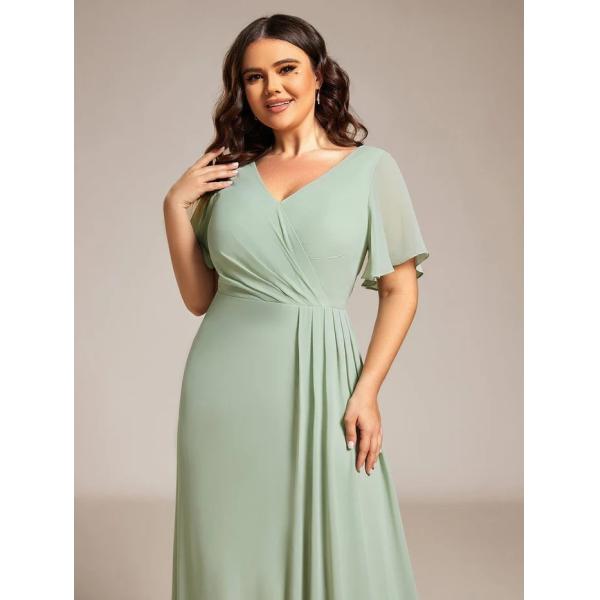 A-line Ruffle Sleeves And High Slit V-neck Mint Green Chiffon Bridesmaid Dress