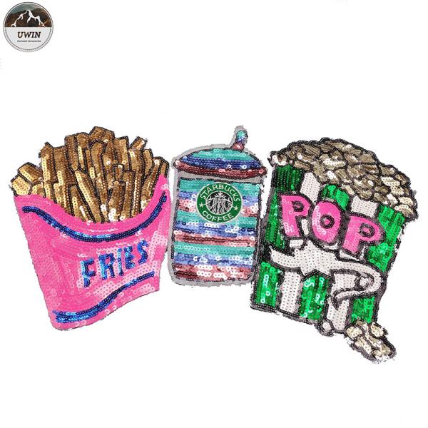 French Fries Large Sequin Patches , Popcorn Sequin Sew On Patches Customized