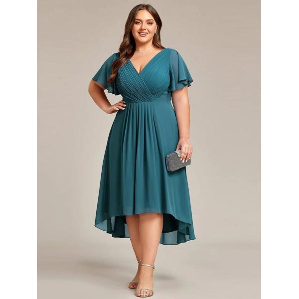 Chic V-neck High-low Short Flutter Sleeves A-line Ruffles Midi Invisible Zipper Teal Chiffon Wedding Bridesmaid Dress