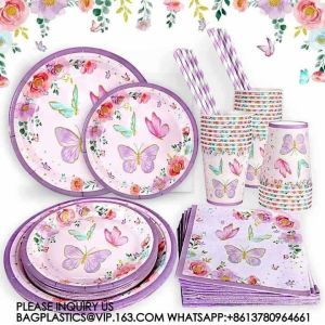 Birthday Party Decoration Festival Tableware Paper Plates Cups Purple Butterfly
