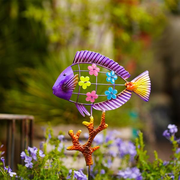 Buy OEM Metal Yard Ornaments Multicolor Animal Garden Figurines Hollow Out Fish at wholesale prices
