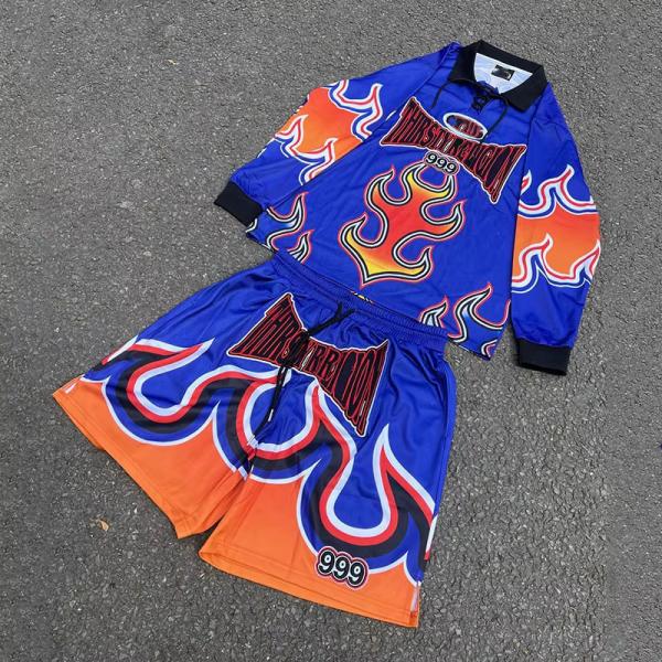 Custom Joggers Polyester Summer Short Set Basketball Football Flame Digital Print Men Long Sleeve t Shirt and Shorts Set Men