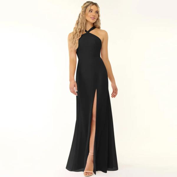 Unique Black Chiffon Bridesmaid Dress Front Split Slit A-Line Halter Keyhole Backless Mermaid Plus Size