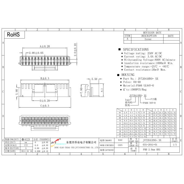 PHB 2.0mm PCB Connectors Wire To Board 18 Poles Dual Row Right Angle Connector Type