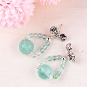 Handmade Crystal Stone Earrings Green Flourite Gemstone Beaded Bow Charms