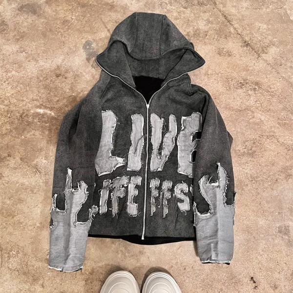 Streetwear Distressed Applique Embroidery Hoodie Cut Edge Distressed Cropped Hoodie
