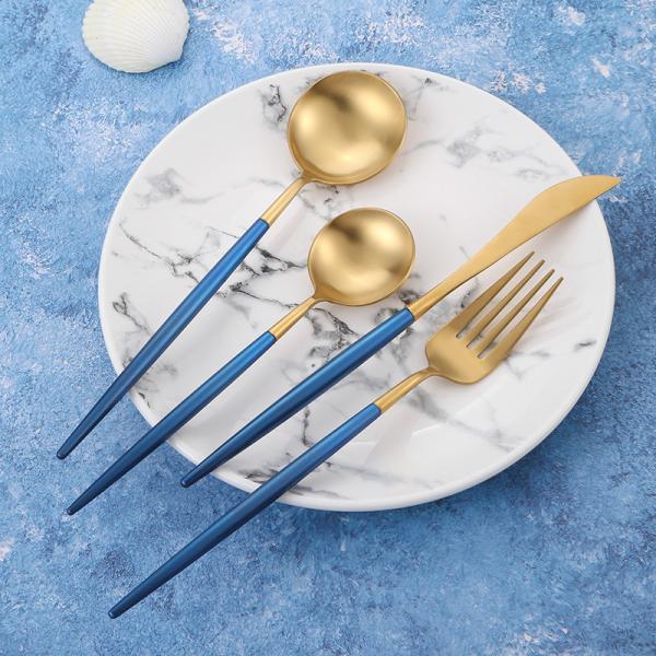 China Supplier Stainless Steel Flatware Set with Blue and Gold Color NC099 Dinner Knife Fork Spoon