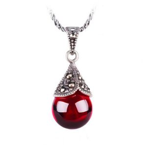 Quality Antique Jewelry 925 Silver Garnet and Marcasite Pendant Necklace 18 Inches(N12032) for sale