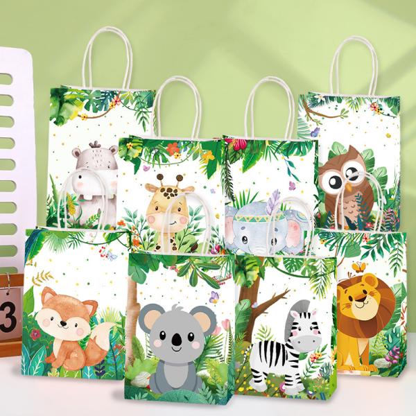 Jungle Style Cartoon Animal Gift Bag Birthday Party Souvenir Kraft Paper Handbag Snack Packaging Bag