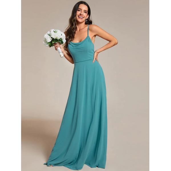Boat Neck Empire A-line Ruffled Adjustable Spaghetti Strap Zipper Dusty Blue Chiffon Prom Dress