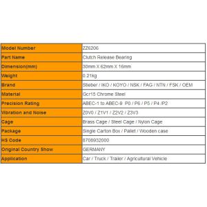 30mm Bore Clutch Release Bearing ZZ6206 Single Direction Bearings