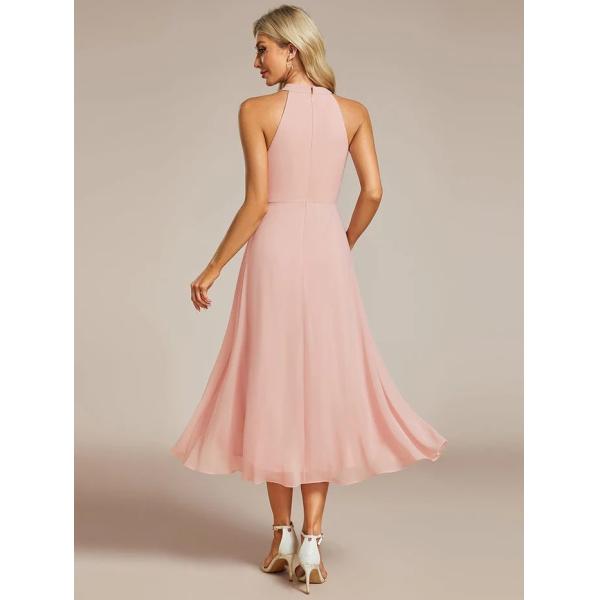 Tea-length A-line Sleeveless Halter Neck Wedding Guest Dress Pink Chiffon Cocktail Dresses