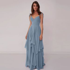 New Style V-neck Dusty Blue Chiffon Tiered A-line Bridesmaid Dress Zipper