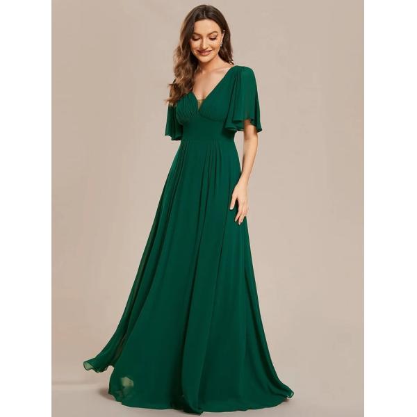 Simple V-neck Zipper Short Sleeves Empire Waist A-line Maxi Ruffled Dark Green Chiffon Bridesmaid Dress