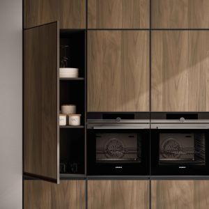 Luxury Home Furniture Modular Walnut Wood Veneer Matt Black Color Glass Door