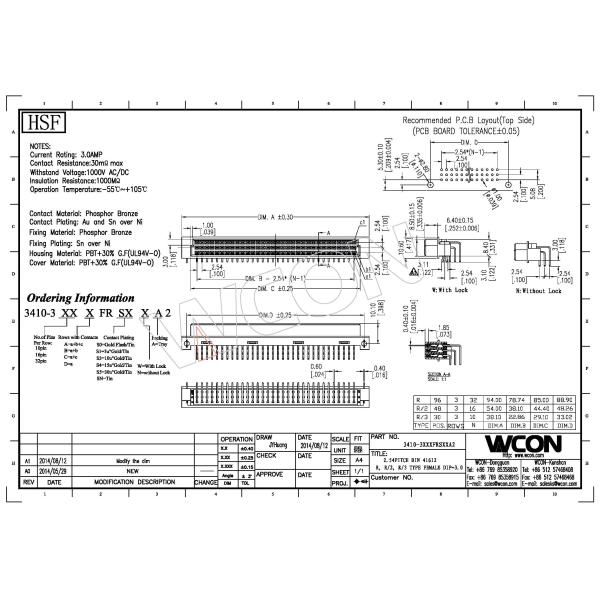 WCON 90°DIP PBT Female Din 41612 Connector 30mΩ Max Board end connector for PCB