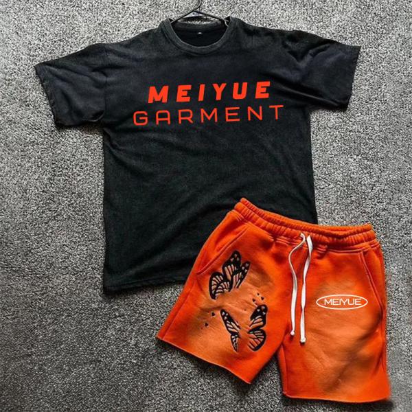 Custom Streetwear Boxy Heavyweight Two Piece Short Set Screen Printing Tee Distressed Acid Wash Vintage T Shirt and Shorts Set