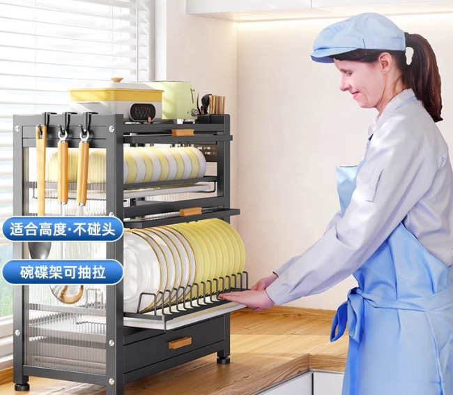 Double-Layer Tableware Cabinet with 4 Shelves, 15L Total Capacity, and Up to 120