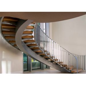 Apartment Building Curved Stairs Wood Tread Stainless Steel Railing Syestem