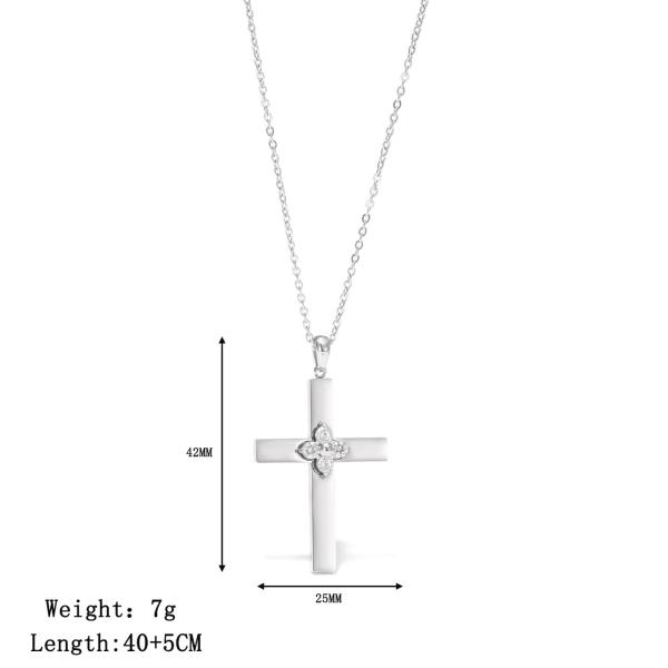 Stainless Steel Cross Pendant Necklace with Clear Zircon Stone Flower