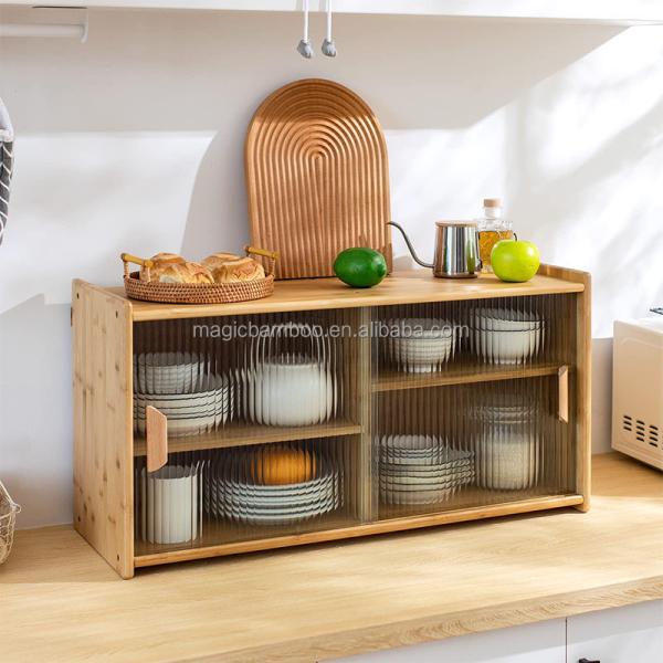 Bamboo Wall Mounted Kitchen Pantry Organizers Sideboard With Transparent Doors
