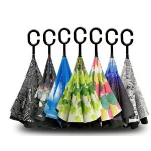 Quality Double Layer Folding Reverse Inverted Umbrella With C Handle for sale
