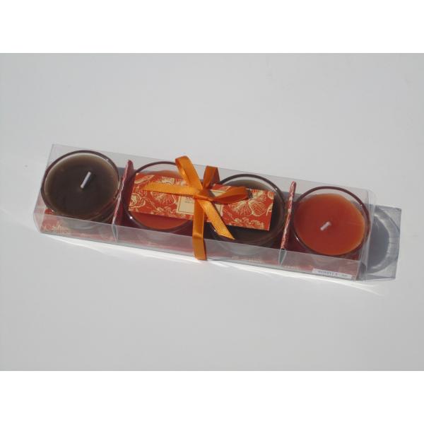 Buy 4pk Orange & Brown scented assorted glass candle with printed label,ribbon decor and packed into clear box at wholesale prices