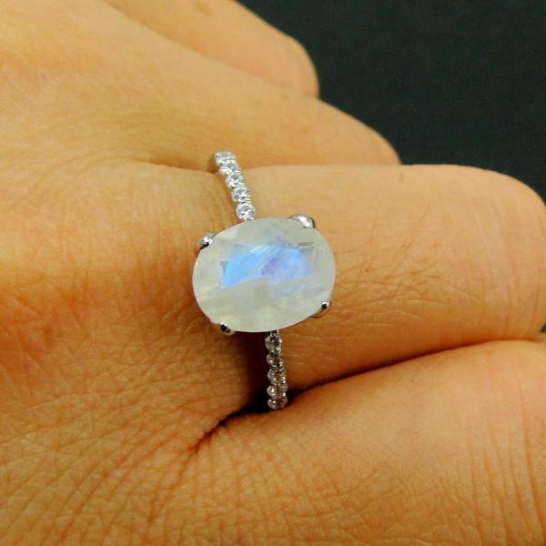Elegant Plated Oval Cut Claw Setting Moonstone With CZ Rings Engagement Women Anniversary Ring