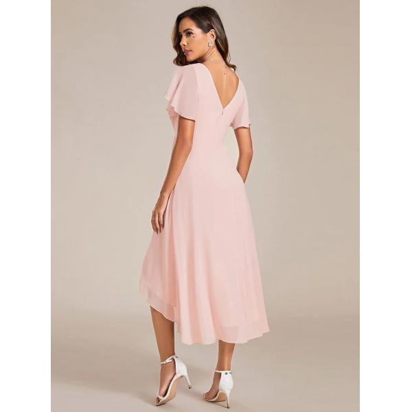 Chic V-neck High-low Short Flutter Sleeves A-line Ruffles Midi Invisible Zipper Pink Chiffon Wedding Guest Evening Dress