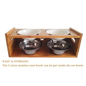 Natural Pet Elevated Raised Stand Diner Feeder with 2 Removable Ceramic Bowls