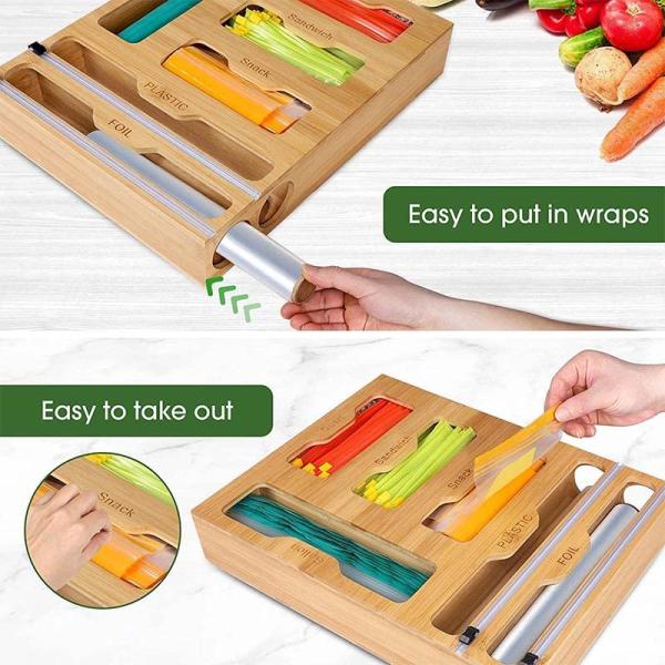 Bamboo 6 In 1 Ziplock Bag Storage Organizer With Cutter Functional Design Single Tier