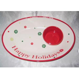Hand Painted Ceramic Serving Platter Christmas Chip And Dip Set With Spot