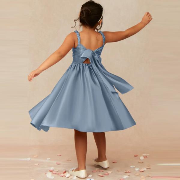 Wholesale Factory Lovely Blue Satin Flower Girl Dress A-Line Ruffles Tea-length Plus Size Sleeveless Children