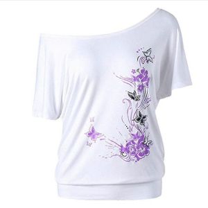 100% Cotton Plus Size Ladies Shirts Bat Sleeve T Shirt Slant Shoulder Short