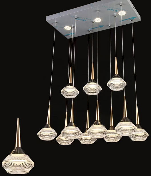 China Modern Custom Gold Aluminum Long Ceiling Pendant Revolving Staircase Large Living Room Hanging Light LED Luxury Acrylic Chandelier on sale