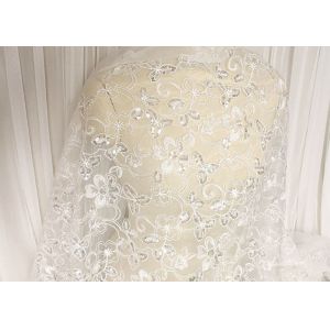 White Floral Embroidery Corded Lace Fabric With Beads And Sequins For Wedding Dress