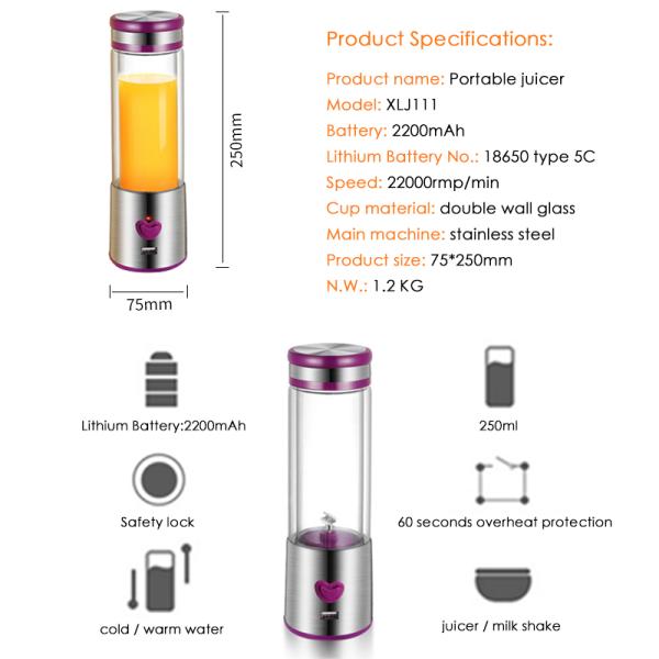 Mini Vegetable Fruit Juicer , Rechargeable Portable Juicer For Travel