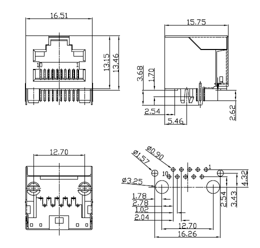 Hot Sale Female 10 Pin RJ45 Connector Shield Without Led Transformer TM5JA011EXX41 14.80 Mm