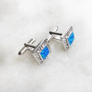 925 With Sterling Silver Greek Bule Opal Meander And Emerald Square Cufflink