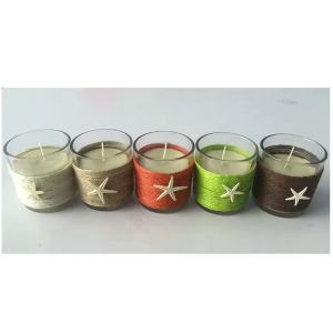 Decor home unscented glass candle with color wrapping rope  and  small ornaments