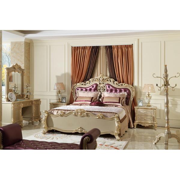 Classic bedroom furniture Genuine leather upholstered Headboard Champagne Bed