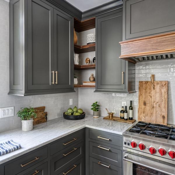 Lacquer Dark Grey Shaker Kitchen Cabinets With White Countertops