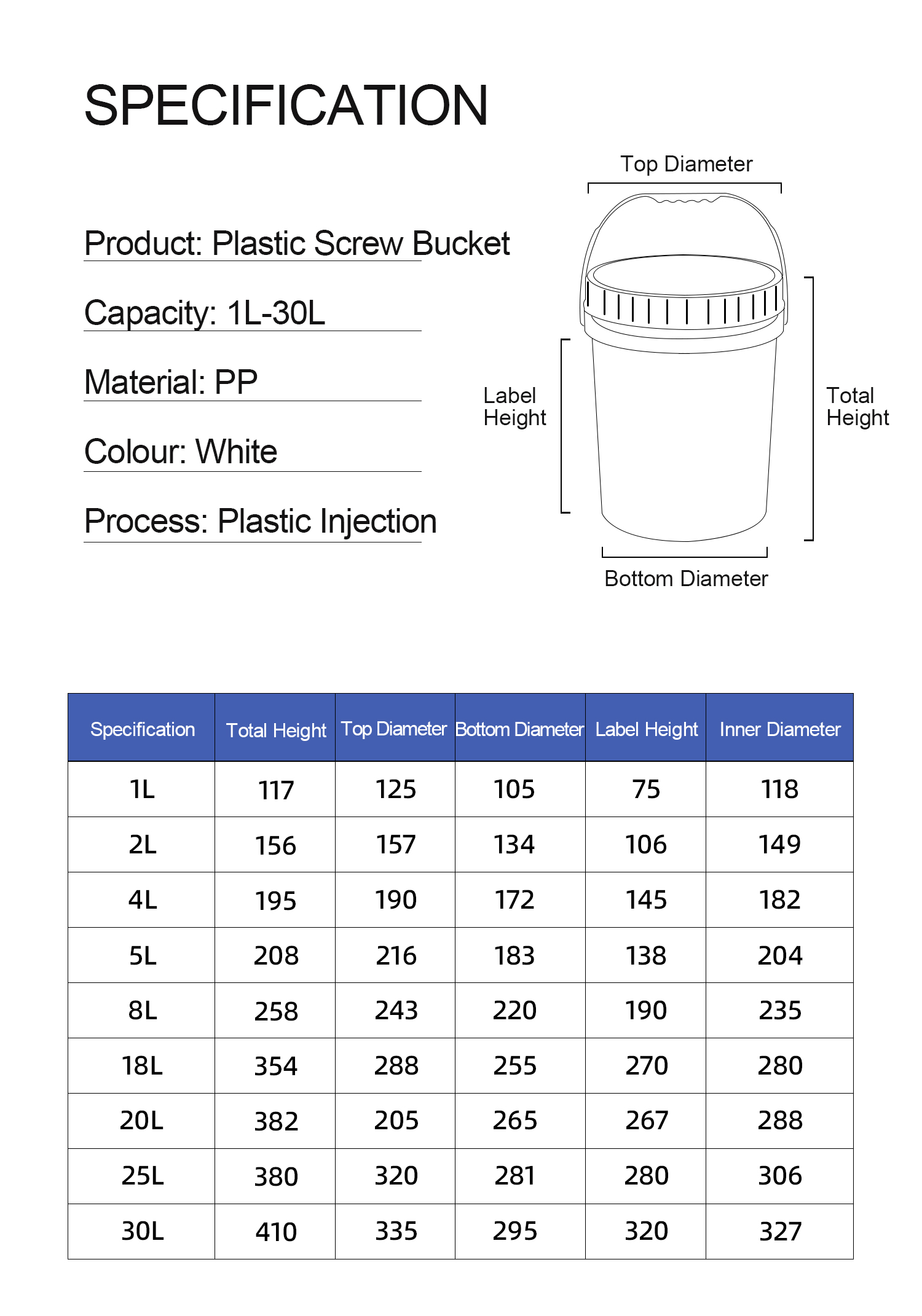 PP Plastic Bucket Iron Handle Lid for Home Food Grade Transparent White Container