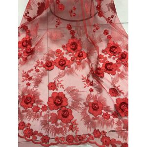 Quality Red 3D Flower Embroidered Tulle Lace Fabric / Wedding Dresses Sequins Beaded Lace for sale