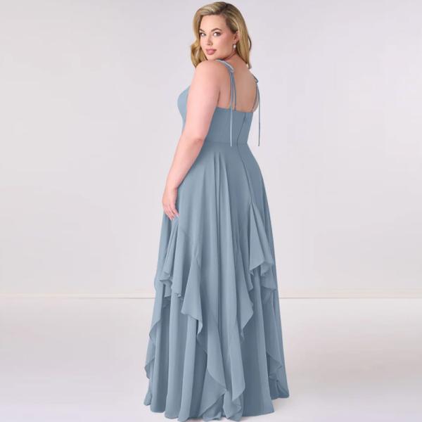 New Style V-neck Dusty Blue Chiffon Tiered A-line Bridesmaid Dress Zipper Ruffles Floor-Length Spaghetti Straps