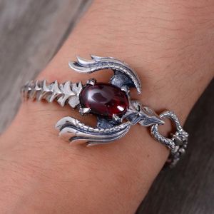 Handmade Sterling Silver Chain Link Phoenixes Synthetic Garnet Charm Women