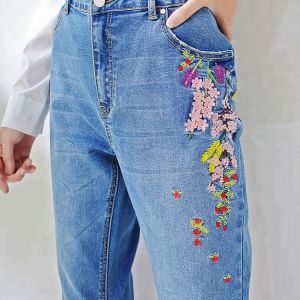 Blue Casual Embroidered Loose Fit Stretch Jeans Middle Versatile Style Bell