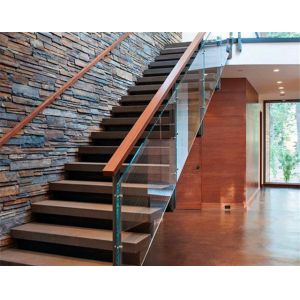 Wooden Tread Railing Building Floating Stairs , Floating Glass Staircase With